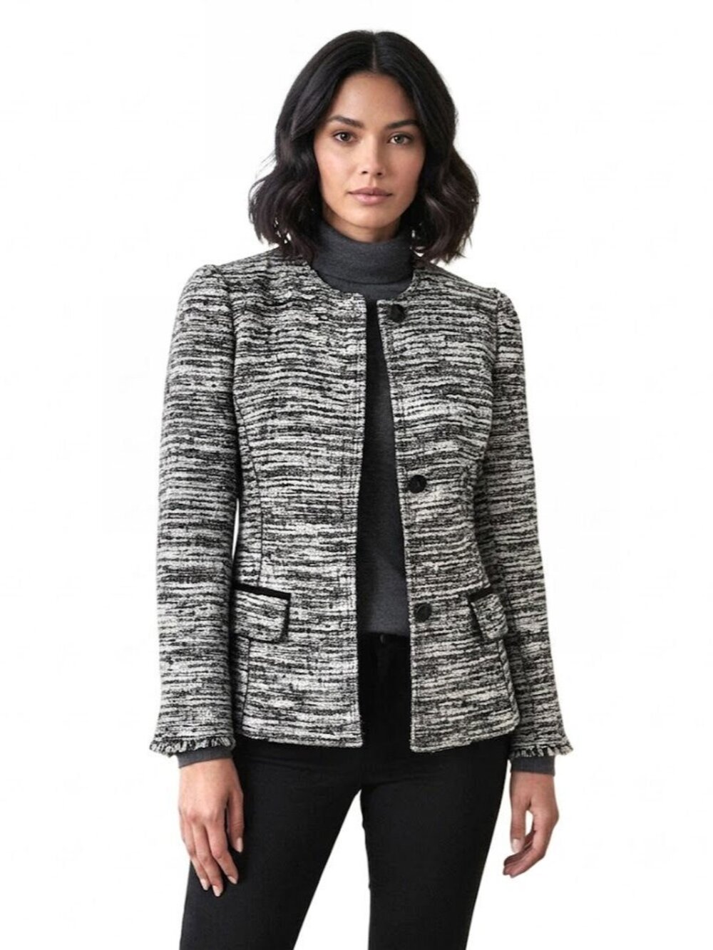 Oscar de la Renta Black and White Bouclé-Tweed Jacket, Size 2